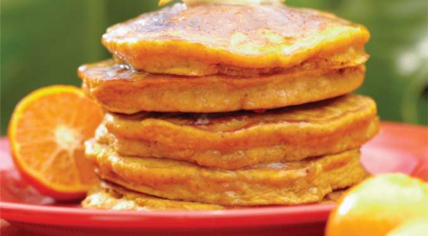 Pumpkin Pancakes with Orange Maple Syrup