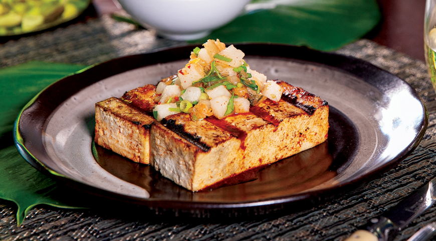 Grilled Korean Tofu with Asian Pear Kim Chi Relish